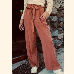 Ces Femme Wide Leg Paper Bag High Rise Rust Terra Cotta Color Lyocell Pants